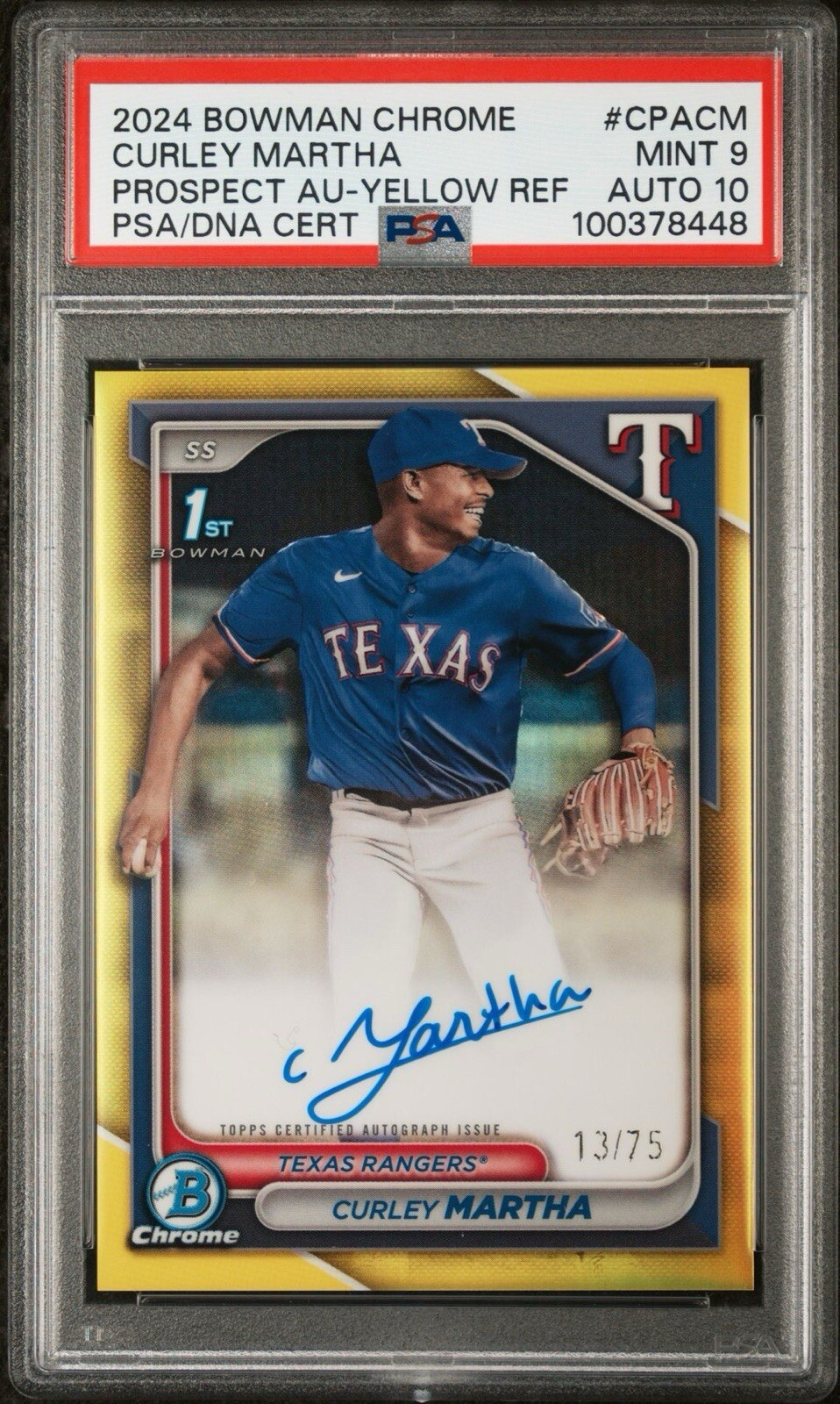 2024 Bowman Chrome Auto Yellow Refractor /75 #CPA-CM Curley Martha PSA 9 AUTO 10