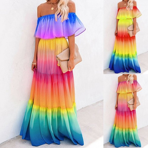 Mujeres Maxi Vestido Largo Vacaciones Boho Ombre Bardot Estampado Hombro Descubierto Damas Verano