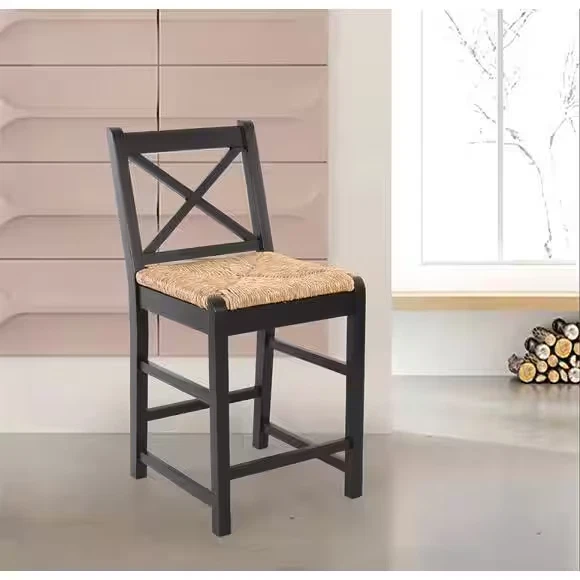 Dorsey Charcoal Black Wood Counter Stool with Back and Woven Rush Seat
