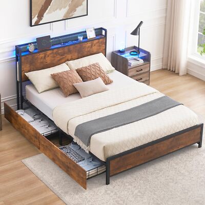Full/Queen Size Bed Frame with LED Storage Headboard, 4 Drawers, Charging Port