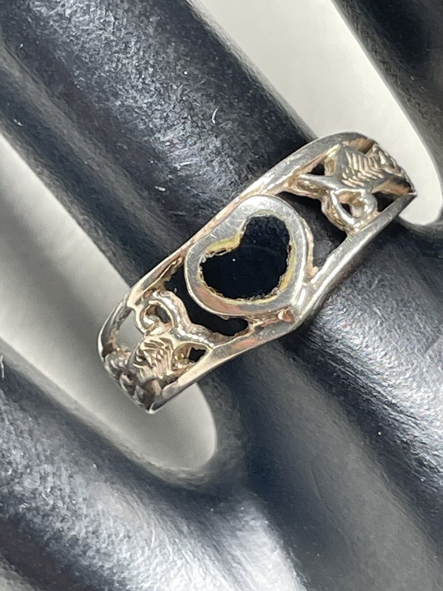 MARSALA 925 STERLING SILVER CUTOUT ONYX HEART FLORAL RING SIZE LOVE 3575