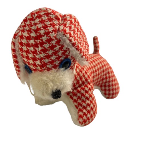 Vintage Carnival Prize Knit Plush Dog Red White Houndstooth Pattern Beloved Toys - Picture 14 of 14