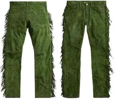 Men Pant Green Soft Suede Handmade Fringes Genuine Leather Lambskin Motorcycle