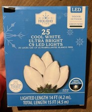 Holiday Time 25 Cool White Ultra Bright C9 LED Lights Green Wire 15 FT NEW