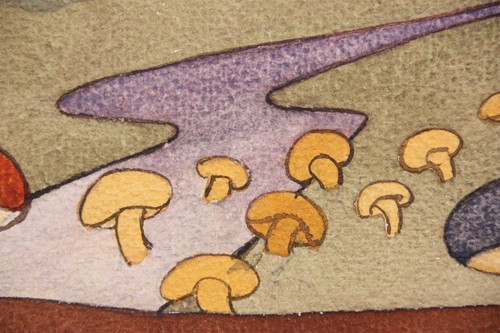 Entwurf für eine Kiste mit Landschaftsdekor und Pilzen, Aquarell, um 1900 - Bild 11 von 13