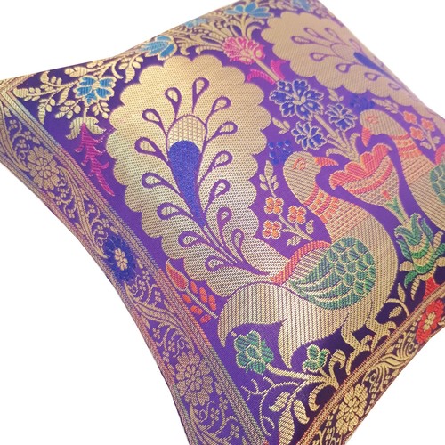 12x12 Inch Purple Cushion Cover Banarasi Decor Woven Peacock Zari Brocade Silk - Picture 5 of 8