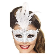 Venetian Glitter Eyemask Silver with Feathers Adult Masquerade Costume Accessory
