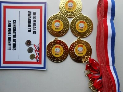 DWL QUIZ SIEGERMEDAILLEN SET MIT 5 - 50 MM METALL MIT BÄNDERN UND ZERTIFIKATEN