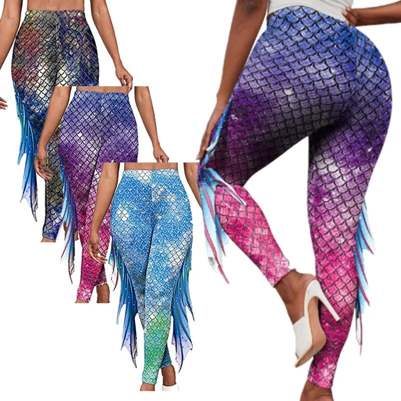 Womens Fish Scale Printed Pants Mermaid Costume High Waisted