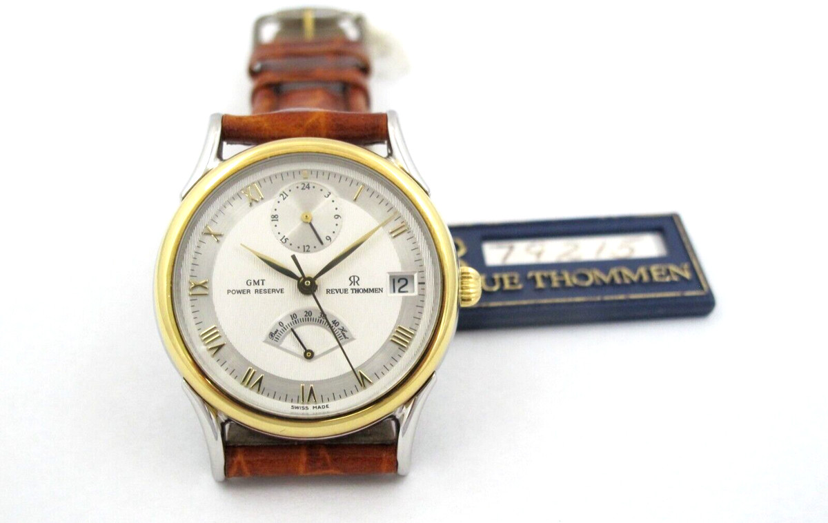 REVUE THOMMEN VINTAGE GMT POWER RESERVE S/STEEL AND 18K GOLD BEZEL NEW OLD STOCK