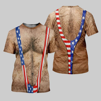 3D Hairy Body Swimsuit T-Shirt Men Funny USA Flag Mankini 4th of July Gift E74.1