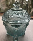Vintage Blue Jeanette Depression Glass Embossed Harvest Grape Footed Candy Dish