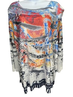 Ali Miles 2X Top BOHO Sheer Fishnet Red Orange Blue Stretch Pullover 3/4 Sleeves