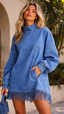 Boho Denim Fringe Dress for Women, Oversized Blue Jean Dress, High Neck  Tunic | eBay