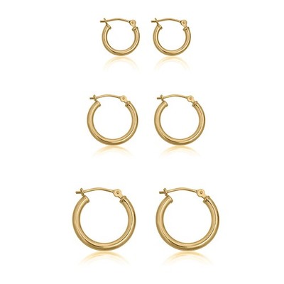 AVORA 3-Pair Classic Polished 2mm Tube Click-Top Hoop Earrings Set - Yellow