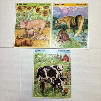 1992 Rainbow Works Frame Tray Vtg 3 Puzzles Horse Colt Pig Piglets Cow Calf USA
