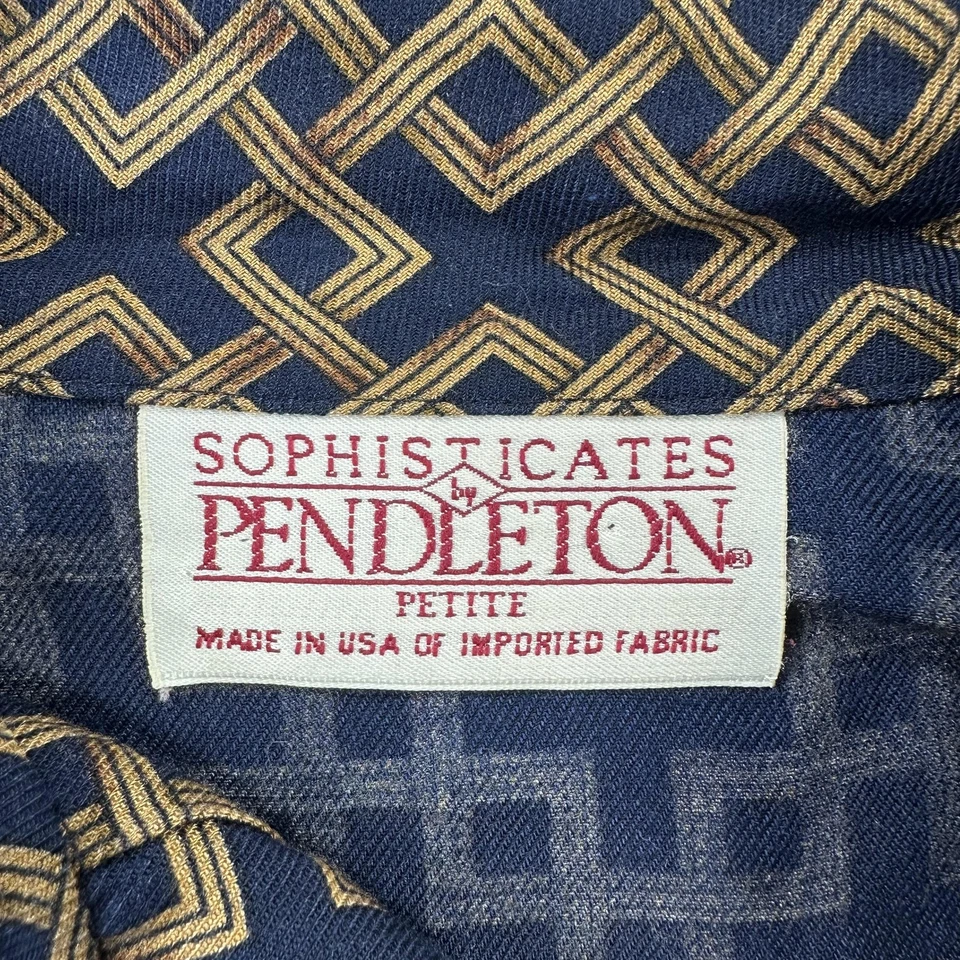 Винтажный Pendleton блузка женщин 8 миниатюрный темно-синий геометрический длинным рукавом рубашка 80-х - Изображение 4 из 4