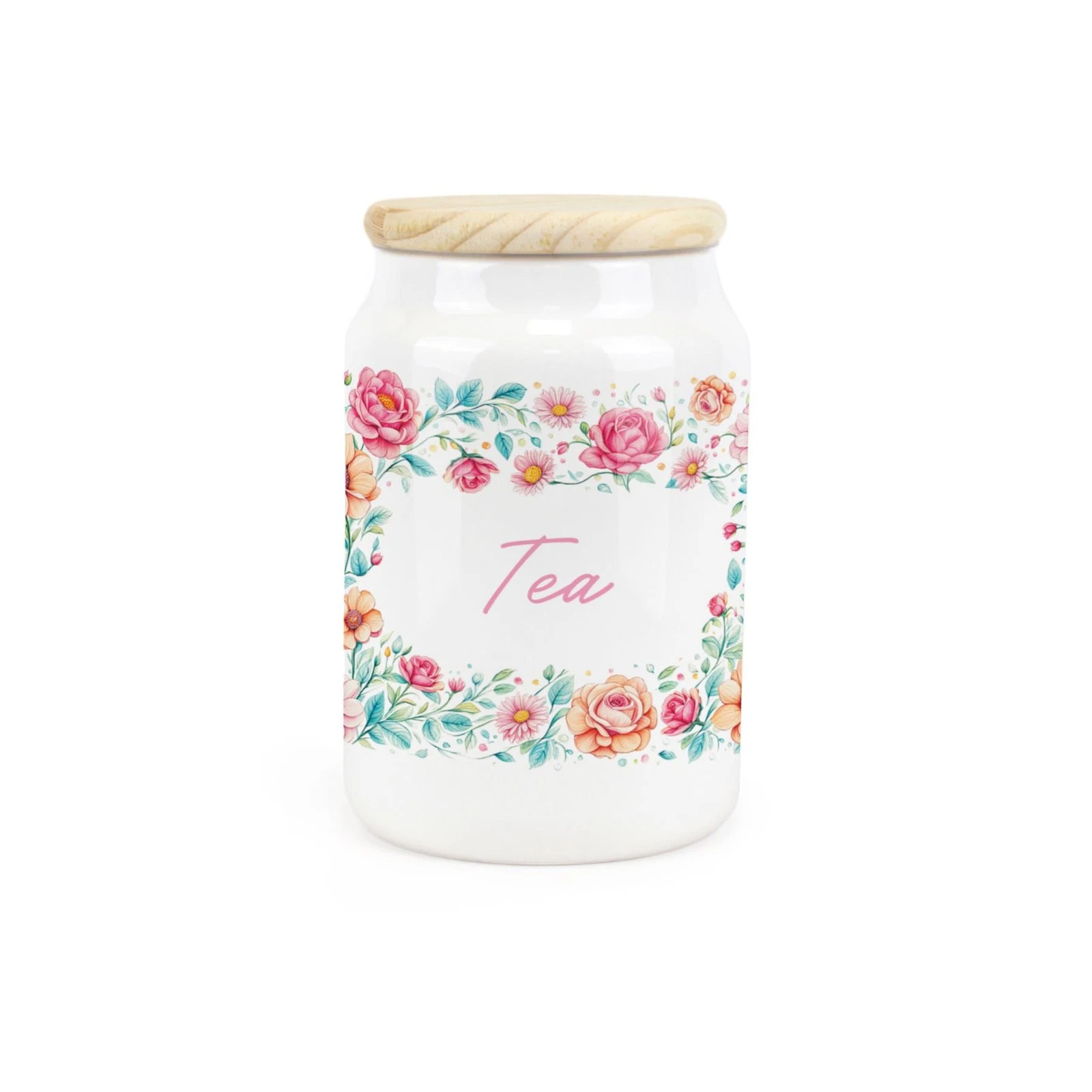 Ceramic Tapered Flower Border Canister - Floral Tea Storage Container