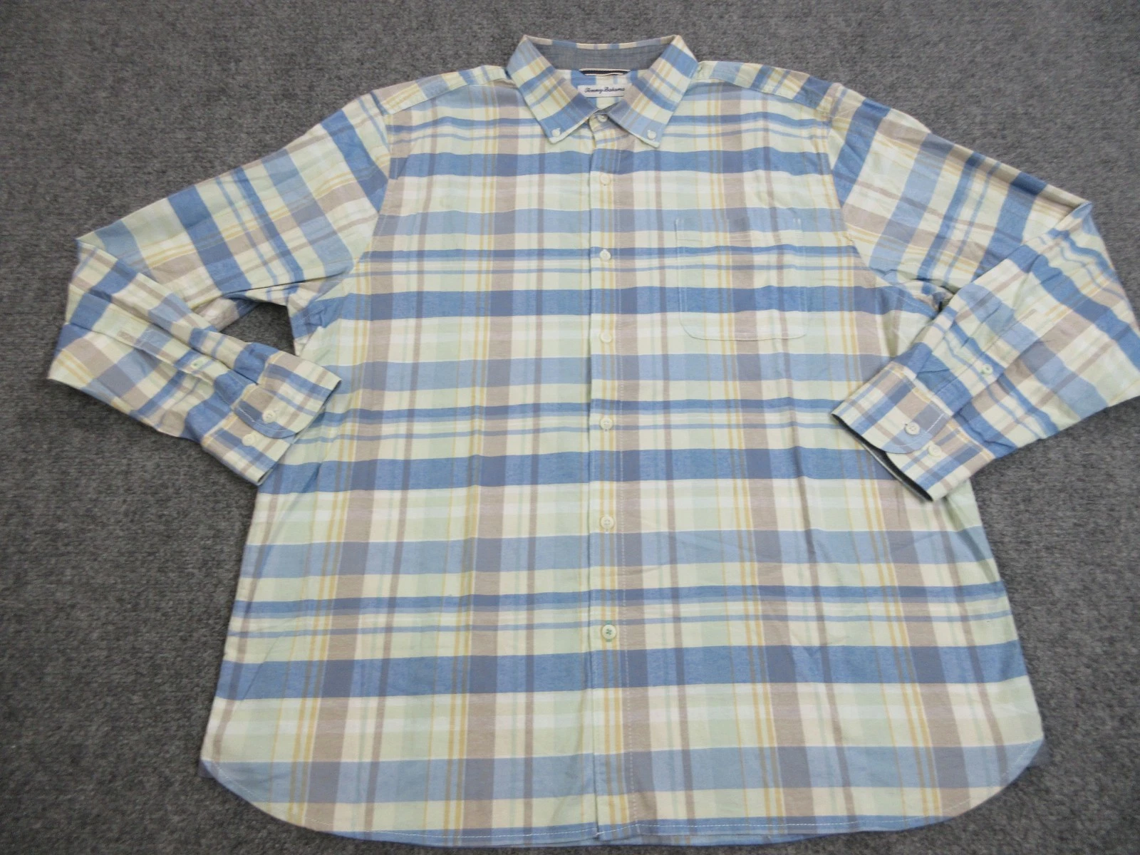Tommy Bahama Shirt Mens XL Blue Yellow Plaid Button Up Stretch Casual Classic