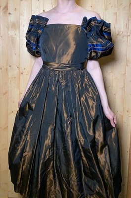 VTG 80s Off Shoulder Puff Sleeve Dress Gown Retro Renaissance Underskirt XS
