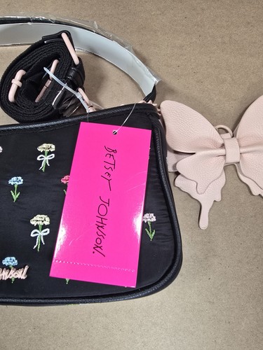 BETSEY JOHNSON Embroidered Shoulder Bag Flowers NWT Crossbody / Butterfly Charm  - Picture 6 of 17