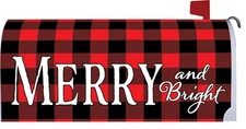 Merry & Bright Red & Black Christmas Check Mailbox Cover, Holiday Decor
