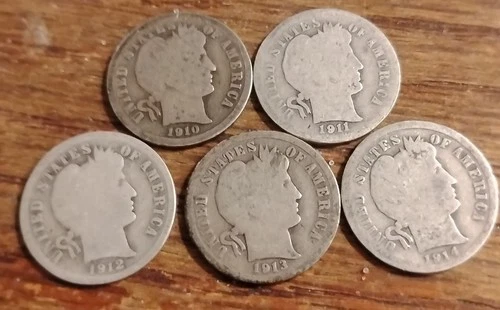 Lot Of 5 - 1910 P- 1914 P Barber Dimes 10C 90 % Silver  AG/G All Different Years