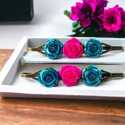 Pink Rose Flower Hair Pin Womens Blue Floral Bobby Pin Cute Boho Bridal Hair Pin