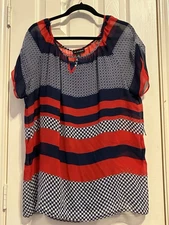 I.N. Studio Two Piece Red White Blue Keyhole Neck Short Sleeve Top Blouse XL