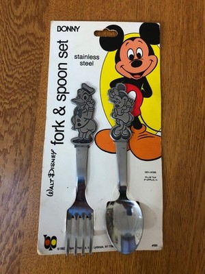NEW ON CARD DISNEY BONNY STAINLESS FORK & SPOON SET DONALD DUCK & MINNIE MOUSE