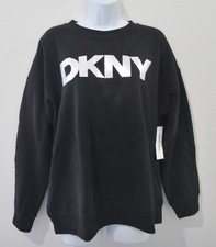 DKNY Sport Women s Sweatshirt L Black Silver Logo Crewneck Pullover Cotton NWT