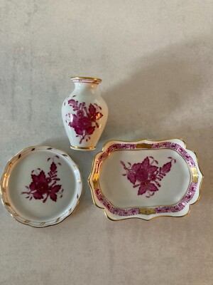 Herend Porzellan Apponyi purpur, Vase, Korb, Ringschale, Schale 4 Stück zusammen
