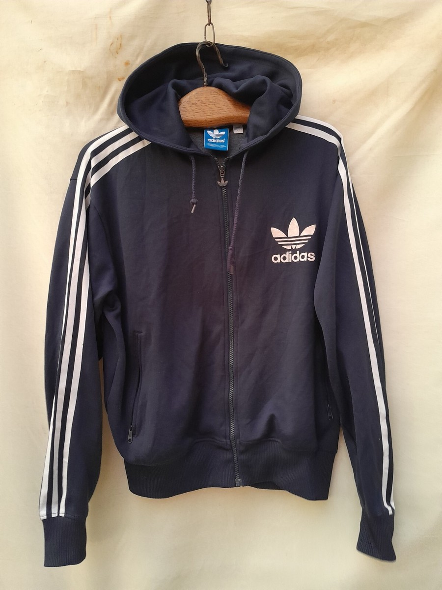 adidas Hooded Track Jacket Men's Large Blue Zip Pockets Oversized