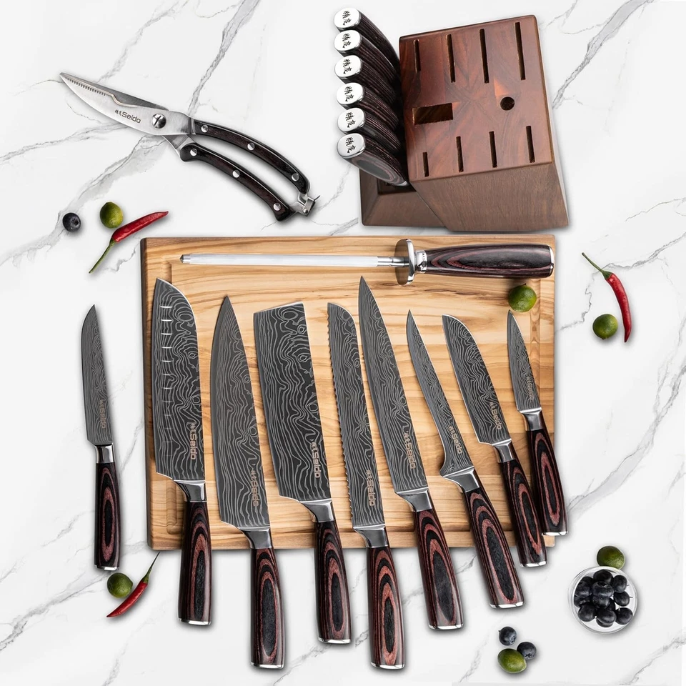 Juego de bloques de cuchillos Master Chef de 17 piezas - Bloque de madera de acero y acacia de Damasco Foto 3 de 4