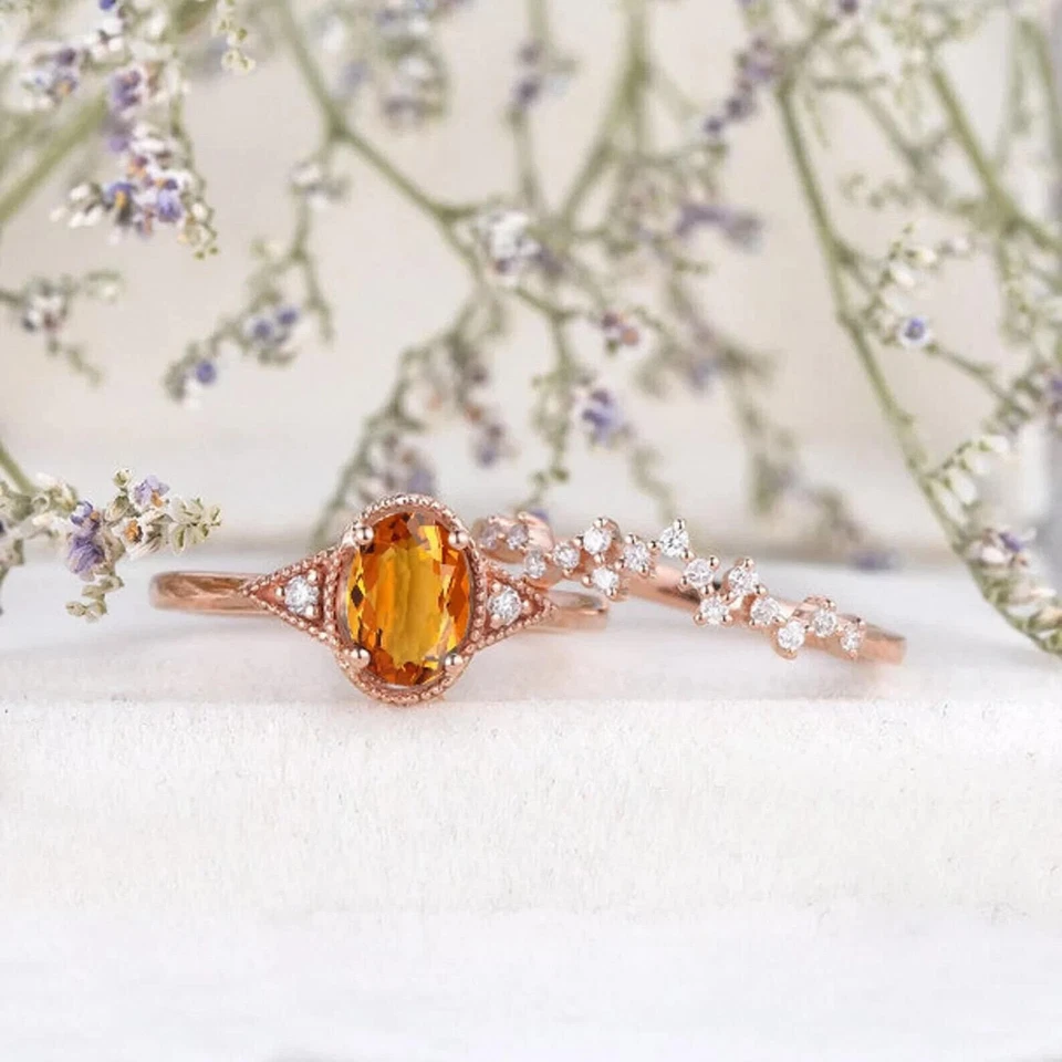 Juego de anillos de boda vintage de plata enchapados en oro rosa de 14 quilates citrino natural corte ovalado Foto 2 de 4