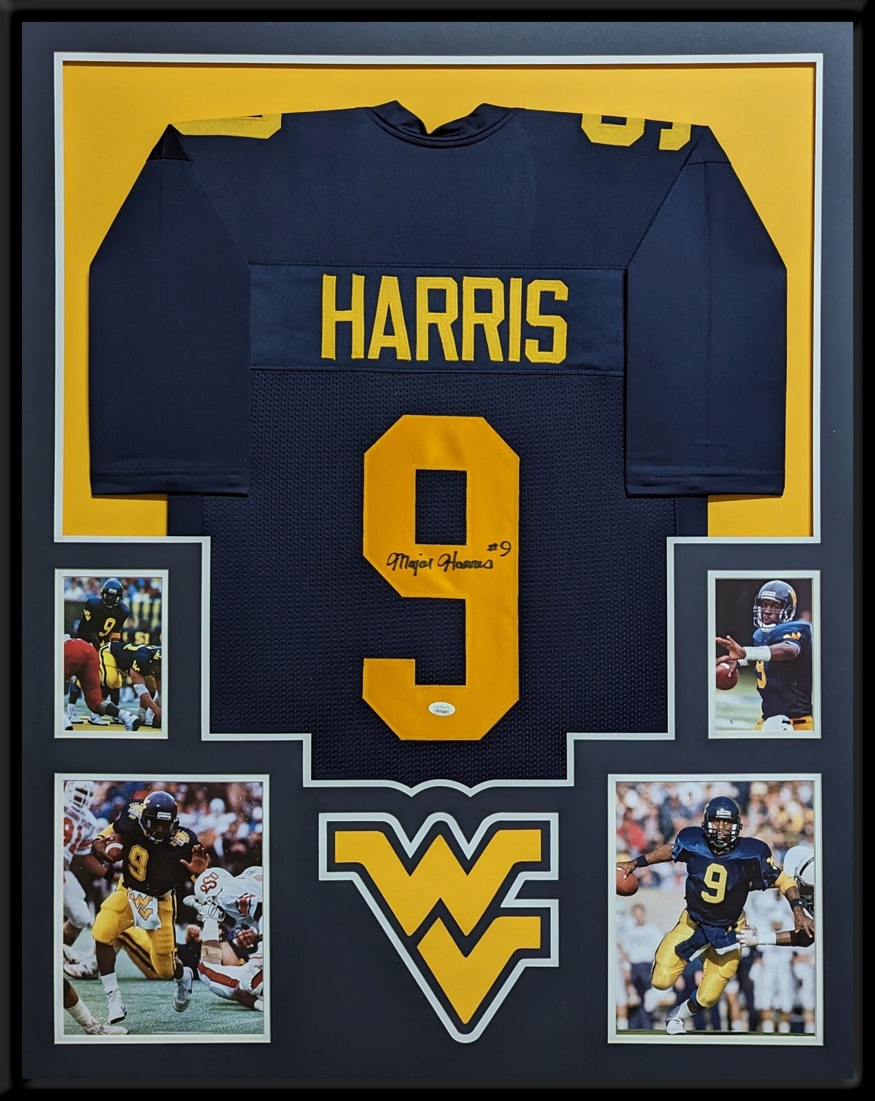 FRAMED WEST VIRGINIA MOUNTAINEERS MAJOR HARRIS AUTOGRAPHED JERSEY JSA