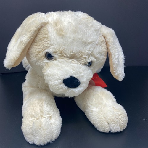 Walmart Cream Puppy Dog Plush Large 25" Stuffed Animal Red Bow Laying Down Beige - Picture 2 of 5