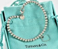 Please Return Tiffany  Co Silver Blue Enamel Heart Charm Bead Bracelet 6.75"
