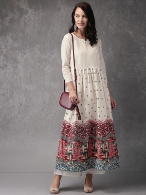 Off White Red Printed A Line Anarkali Kurta Kurti Party Designer