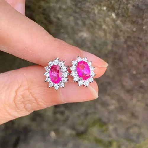 Oval Cut 2Ct Lab-Created Pink Ruby Women's Stud Earring 14k White gold Plated - Picture 5 of 9
