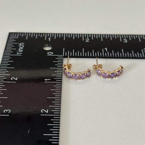 14K Yellow Gold Natural Amethyst Gemstone Half Hoop Post Earrings - Picture 4 of 7