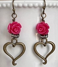 Romantic Bronze Heart with Rhinestone and Pink Rose Earrings. Love. Valentine