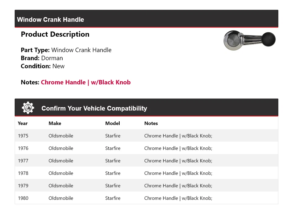 Manivela ventana Oldsmobile Starfire Dorman 1975-1980 1976 1977 1978 1979 Foto 2 de 4