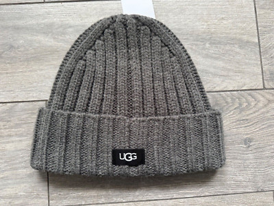 UGG MENS CUFFED RIBBED SOLID KNIT BEANIE, CHARCOAL GRAY, NWT $55, ONE SIZE