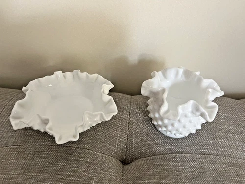 Fenton WHITE MILK GLASS HOBNAIL Flower Epergne Bowl & Vase