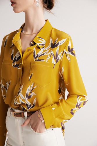 Womens Button Up Floral Pocket OL Shirts Long Sleeve 100% Real Mulberry Silk Top - Bild 7 von 18