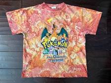 Vintage Y2K Pokemon Nintendo 2000 Charizard AOP Flames Tie Dye Shirt Youth L