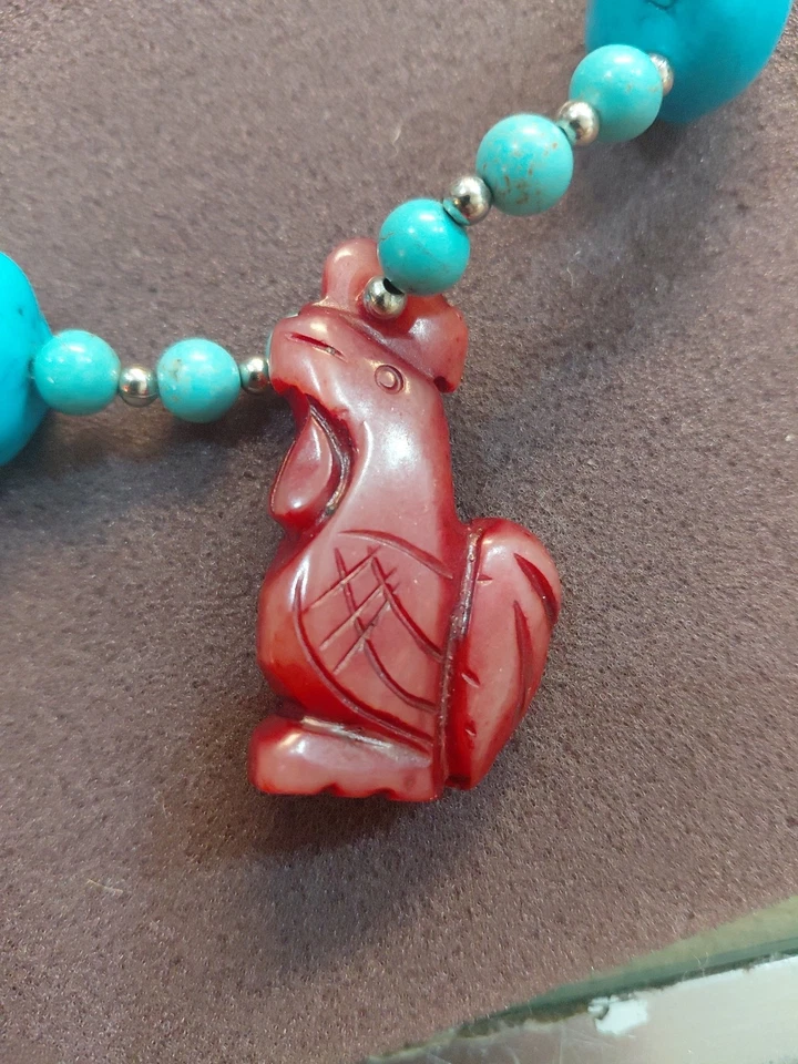 Beautiful  lturquoise and red bead necklace with a carved rooster pendant. - Image 2 of 4