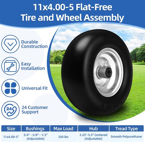Cliseve11x4.00-5 Flat-Free Lawn Mower Tires, Solid Smooth Tread with 3/4 & 5/... - Picture 3 of 7