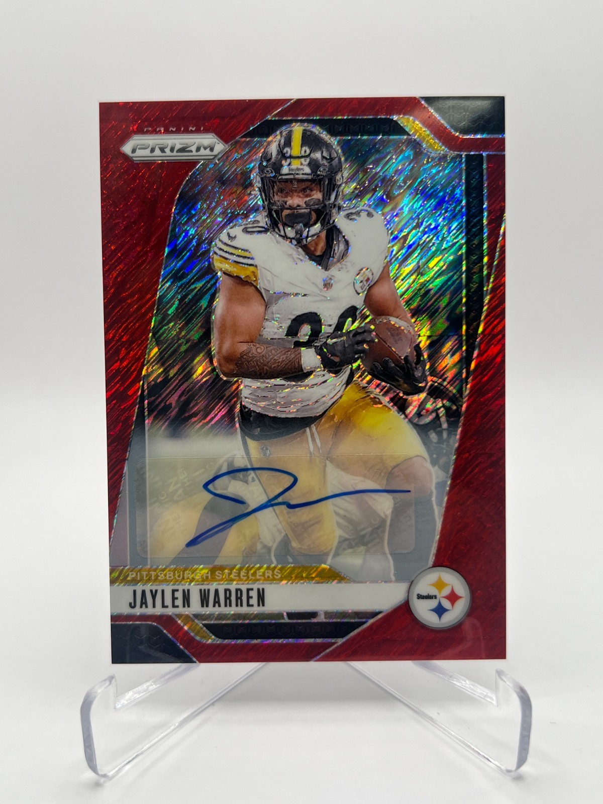 2024 PANINI PRIZM JAYLEN WARREN 31/35 RED SHIMMER AUTO NO. 242 STEELERS